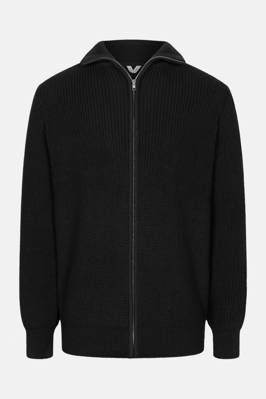 MELA Strickjacke TAKSH Herren Schwarz Baumwolle Stehkragen Troyer GOTS Organic