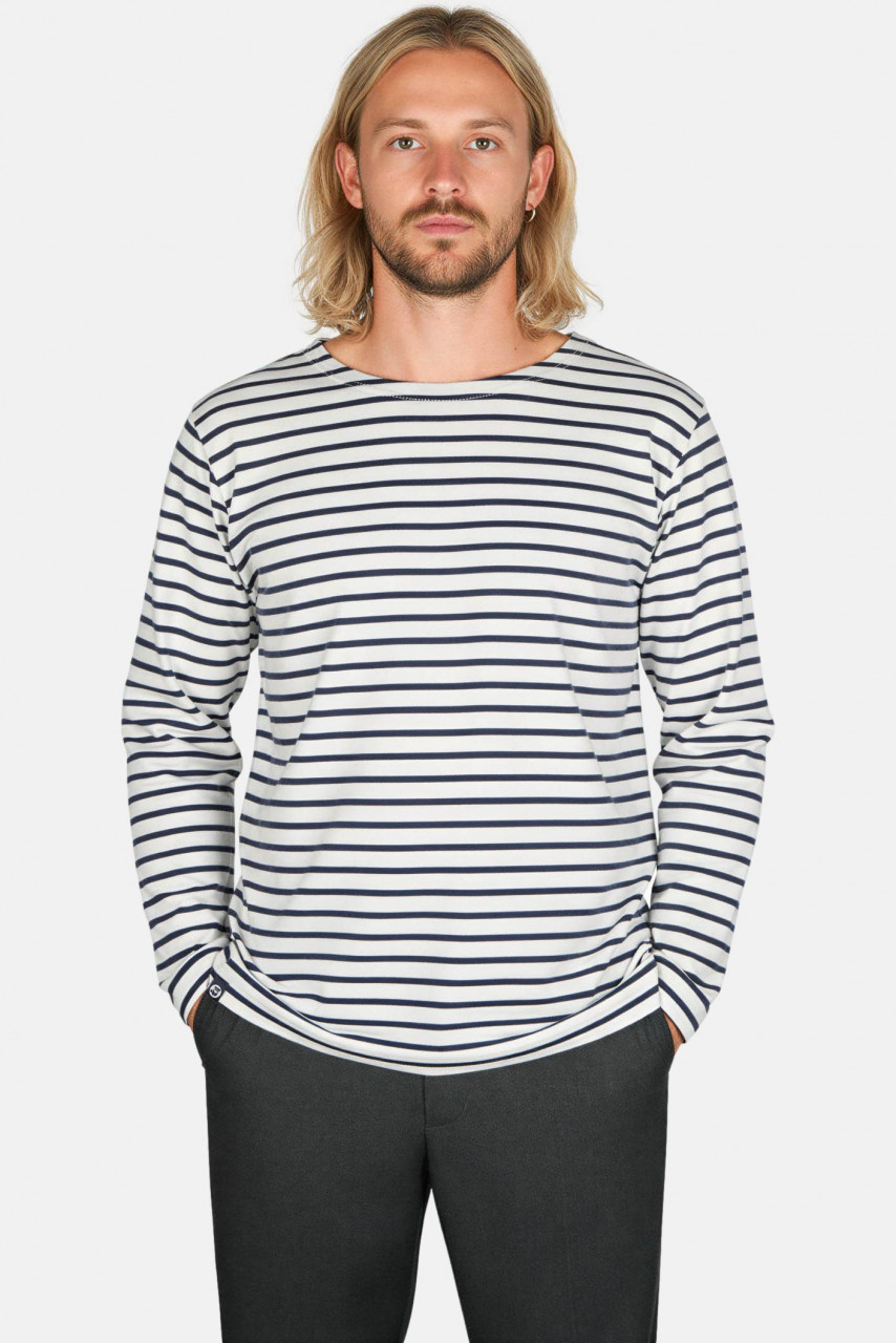 Hanseheld Streifenshirt Herren Natur-Marine Langarm Weiß Blau GOTS Organic