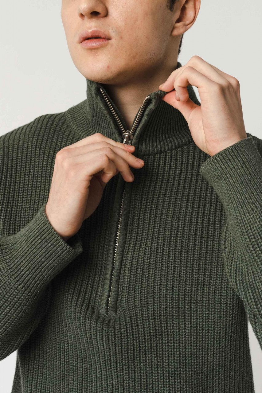 MELA Rippstrick Troyer UDAI Pullover Grün Melange Oliv Meliert Baumwolle Nachhaltig