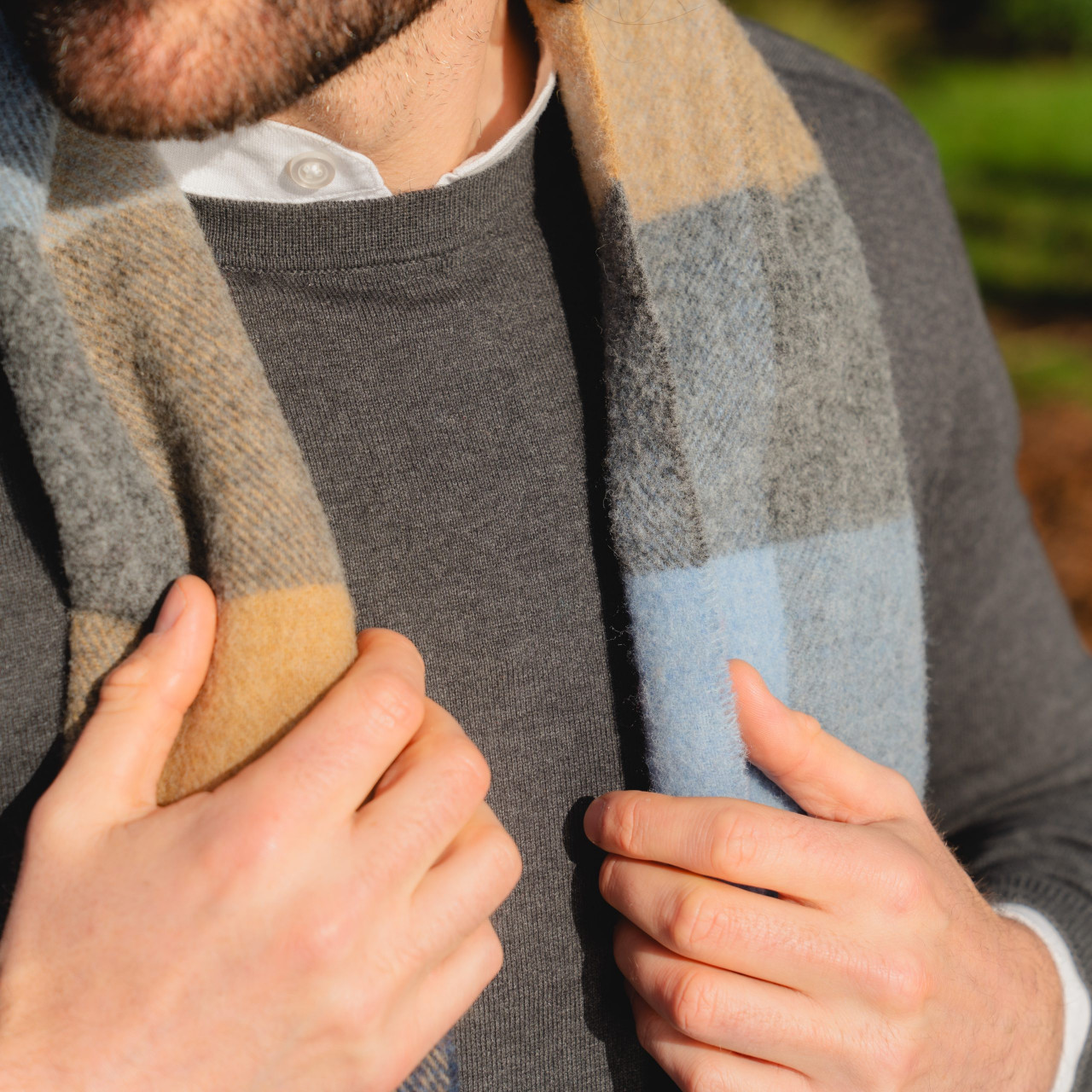 John Hanly Schal Irish Lambswool Hellblau Braun Beige Check