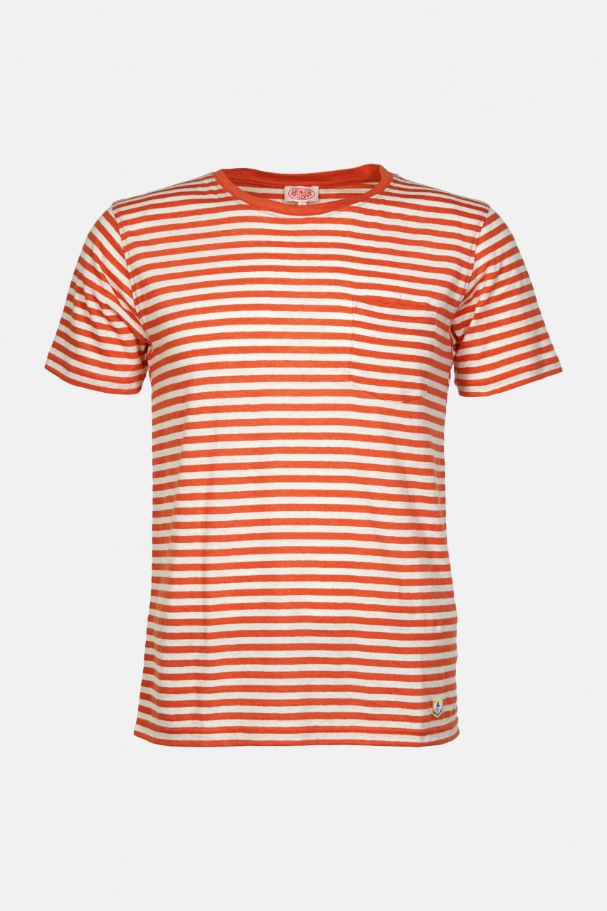 Armor Lux Herren T-Shirt Gestreift Orange Natur Heritage Brusttasche