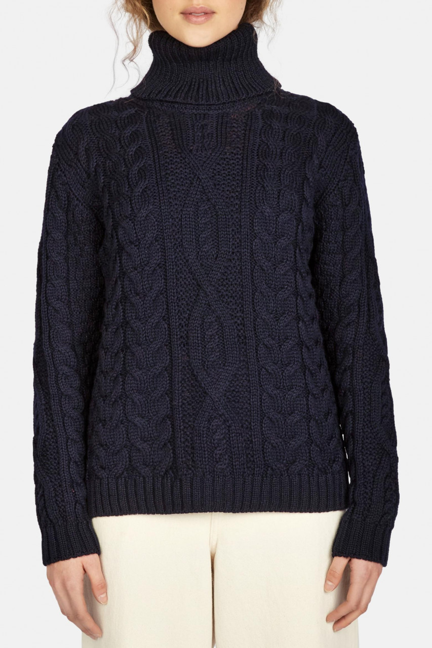 IrelandsEye Aran Pullover Juniper Damen Dunkelblau Navy Rollkragen