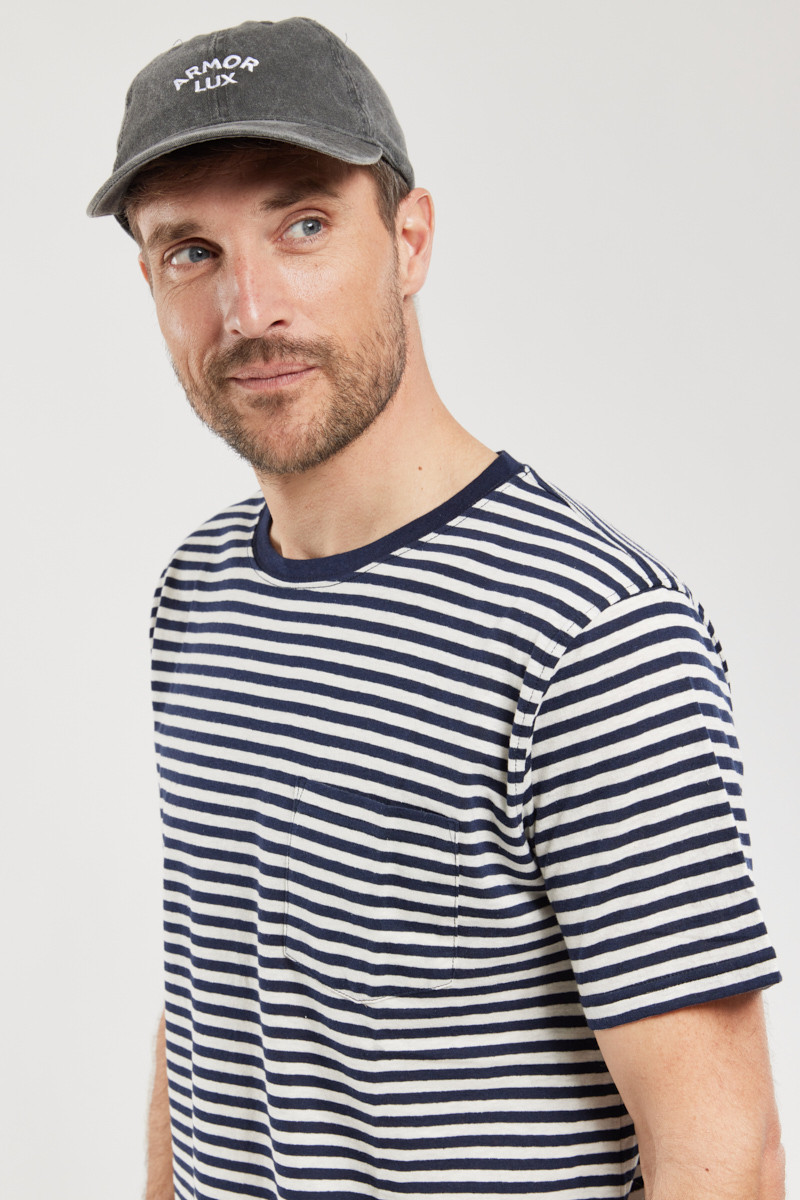 Armor Lux Herren T-Shirt Marine Deep Nature Dunkelblau Beige Gestreift Brusttasche