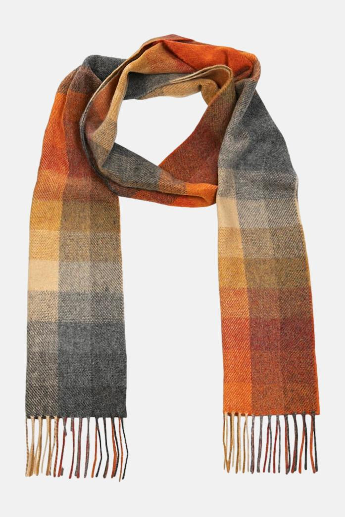 John Hanly Schal Irish Lambswool Orange Grau Beige Check