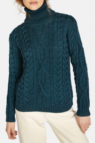 IrelandsEye Aran Pullover Juniper Damen Petrol Rollkragen Atlantic Blue
