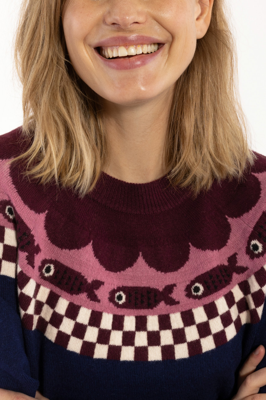 Danefae Strickpullover Danesidsel Damen Blau Rosa Braun Fairisle Fisch
