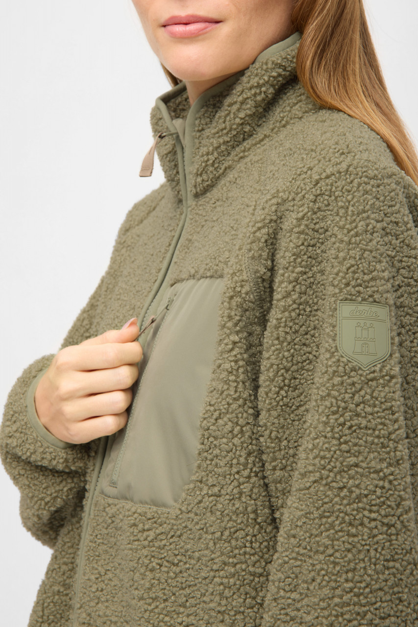 Derbe Damen Fleecejacke Kuschelby Long Hellgrün Oliv Teddy