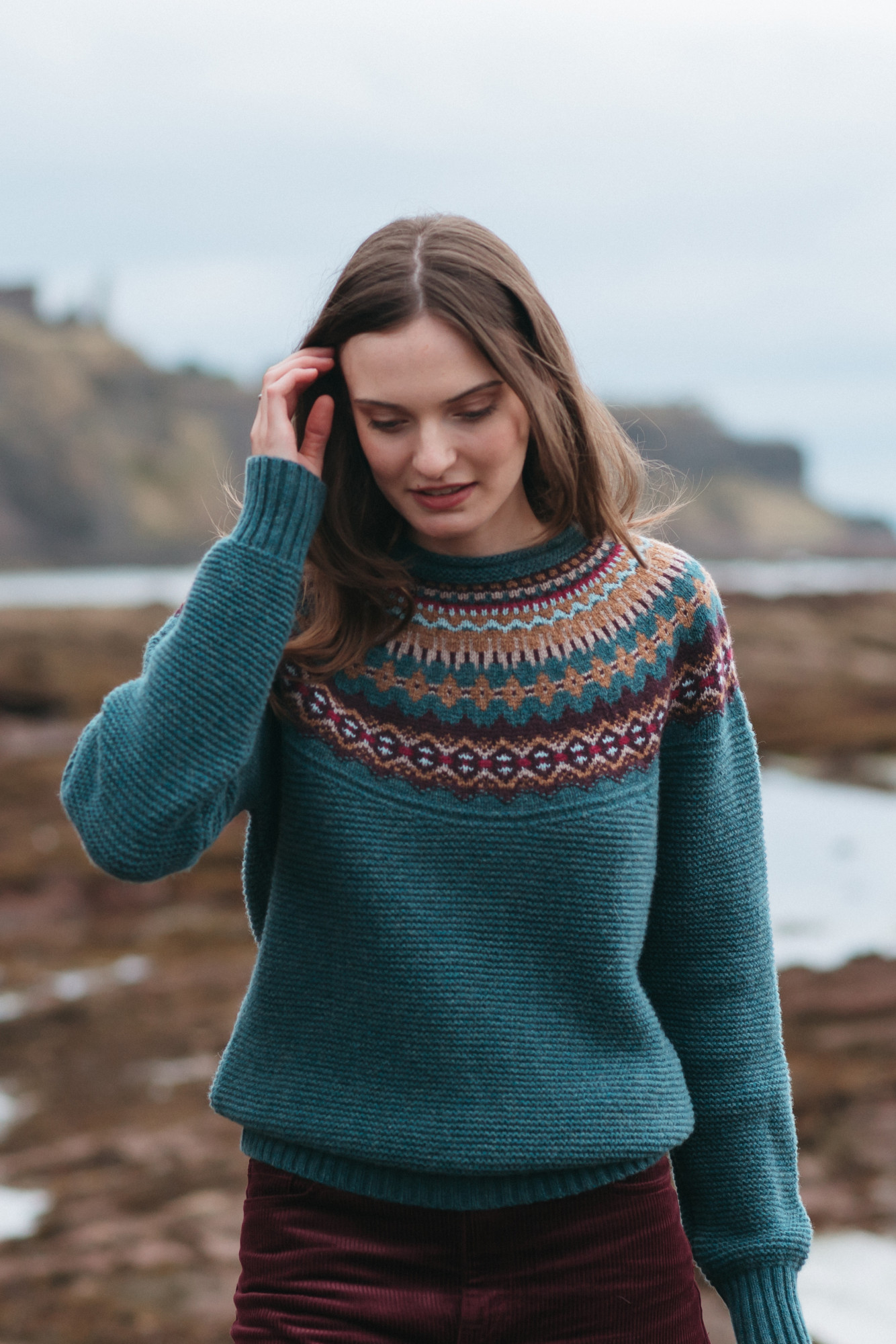 ERIBÉ Pullover Stoneybrek Damen Petrol Grün Braun Rot Fairisle
