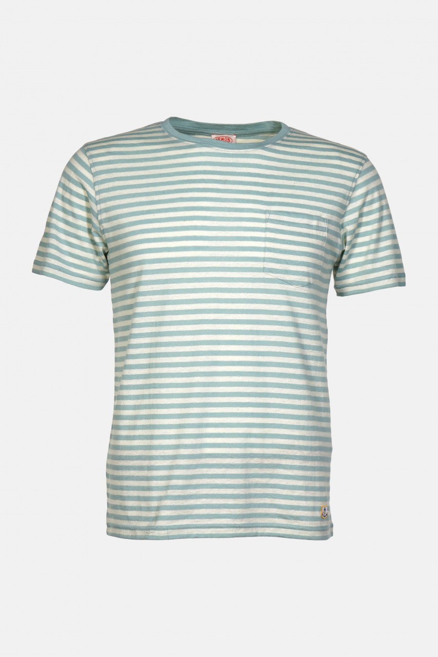 Armor Lux Herren T-Shirt Gestreift Mint Petrol Natur Heritage Brusttasche