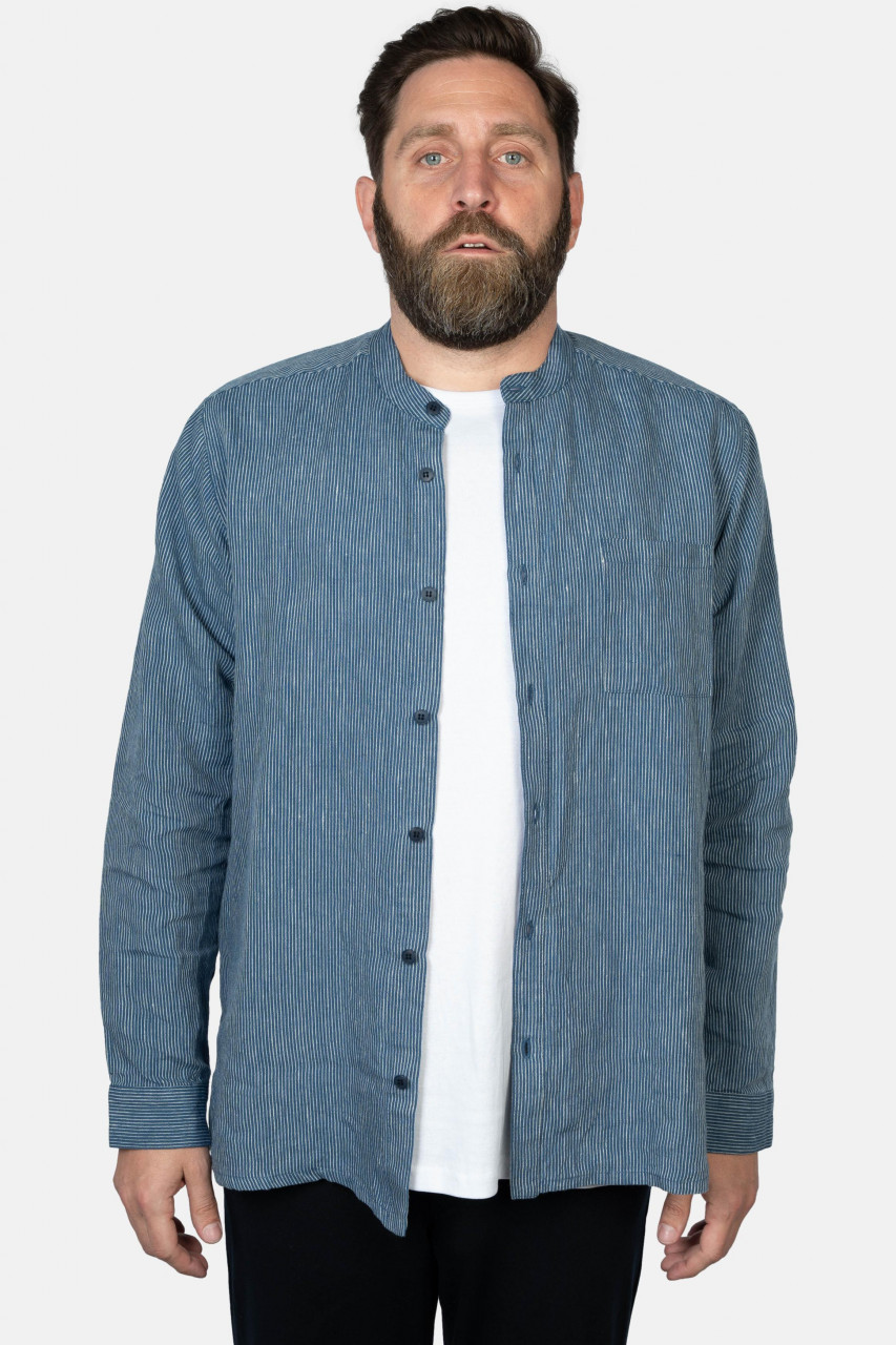 Hanseheld Leinenhemd LeinenLos! Herren Blau Gestreift Fischehemd Stehkragen