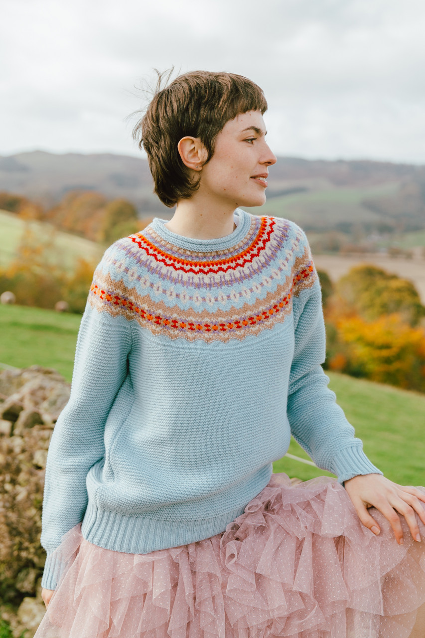 ERIBÉ Pullover Stoneybrek Damen Hellblau Orange Fairisle