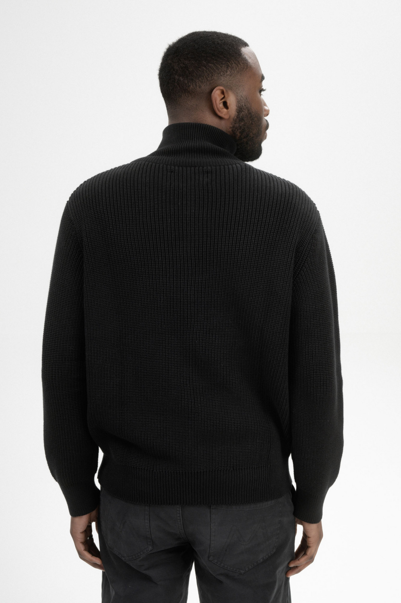 MELA Strickjacke TAKSH Herren Schwarz Baumwolle Stehkragen Troyer GOTS Organic