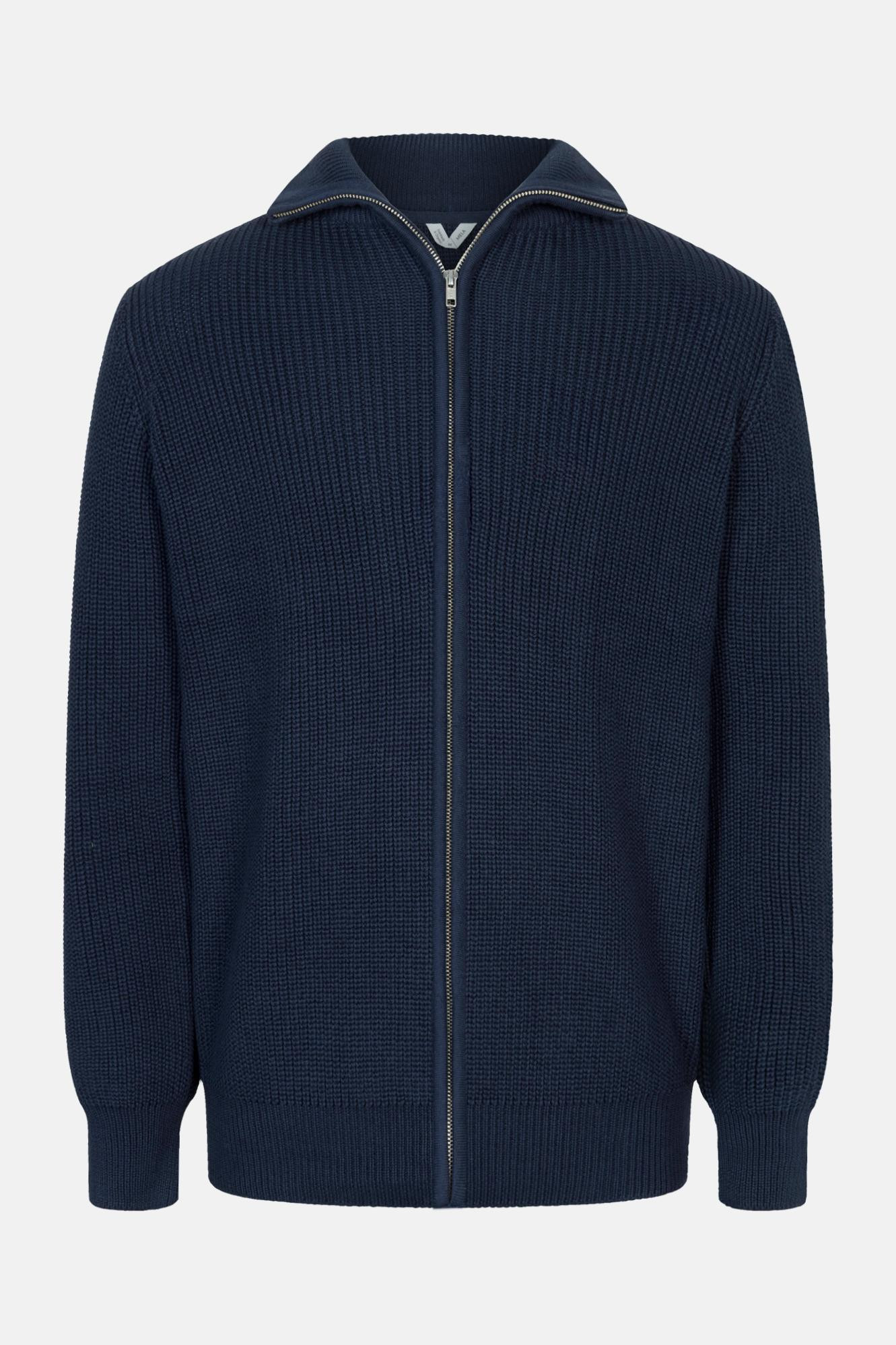 MELA Rippstrick Strickjacke TAKSH Herren Blau Navy Baumwolle Stehkragen Troyer GOTS Organic