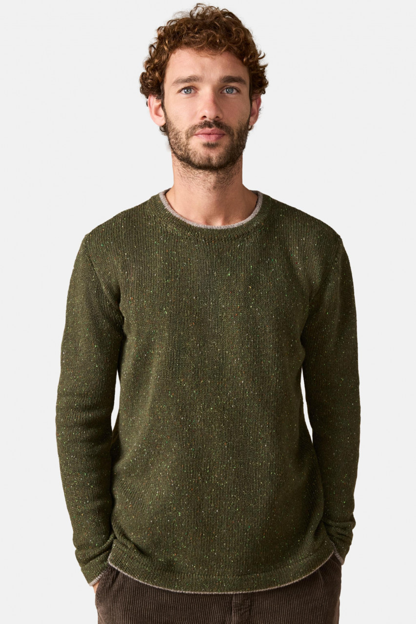 IrelandsEye Grobstrick Pullover Newstone Herren Oliv Grün Grau Donegal Meliert