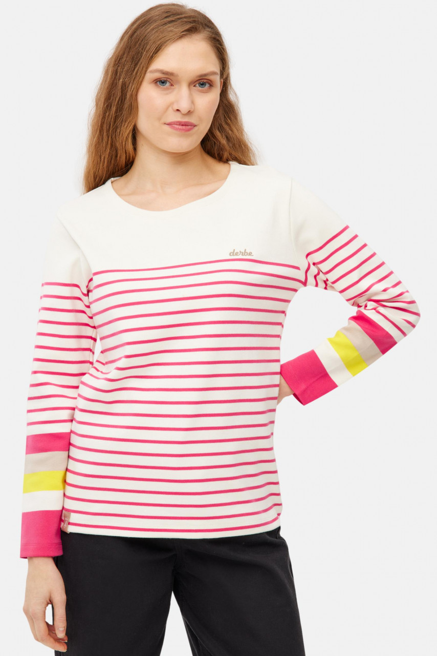 Derbe Streifenshirt Interstriped Block Damen Weiß Pink Langarmshirt GOTS Organic