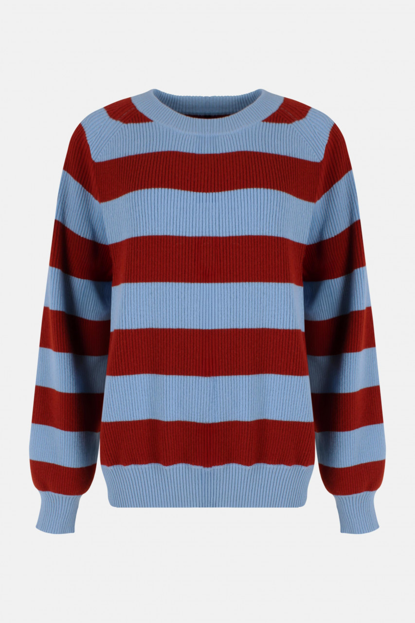 Danefae Strickpullover Danerelation Damen Hellblau Rot Streifen Chunky Rippstrick