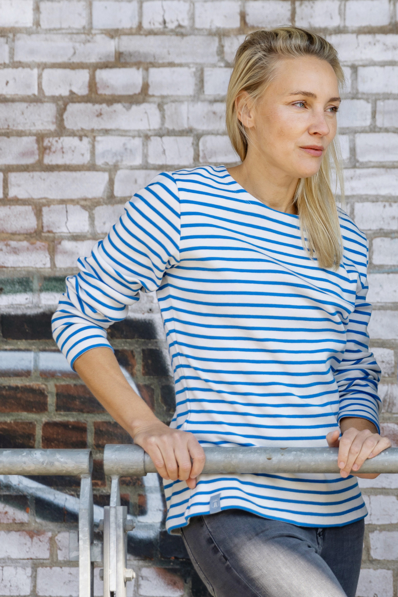 Derbe Langarmshirt Interstriped Damen Weiss Blau Streifenshirt