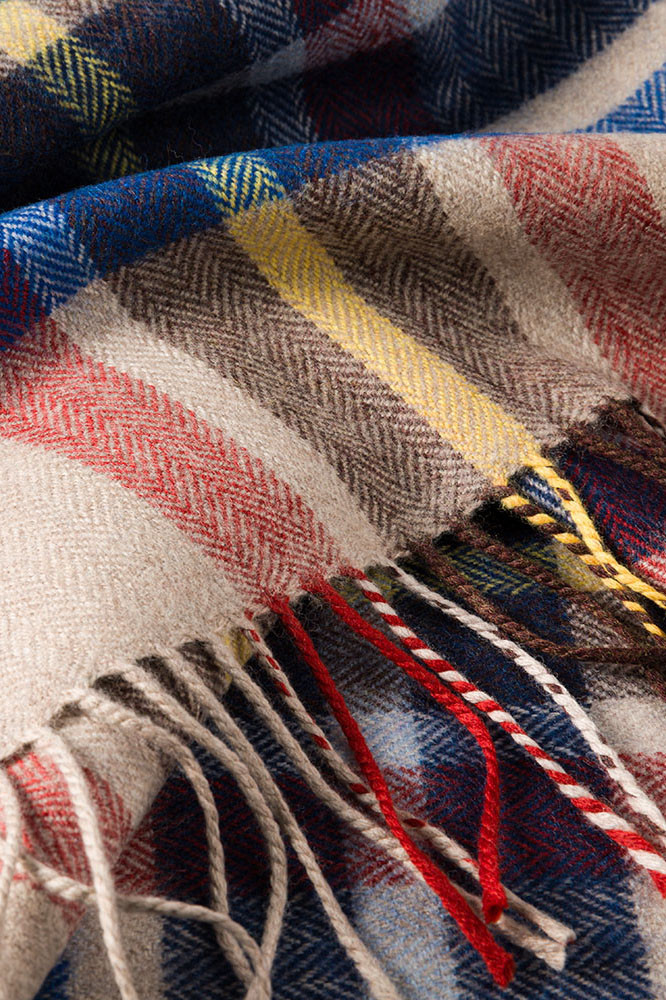 John Hanly Schal Merino Beige Blau Rot Karo