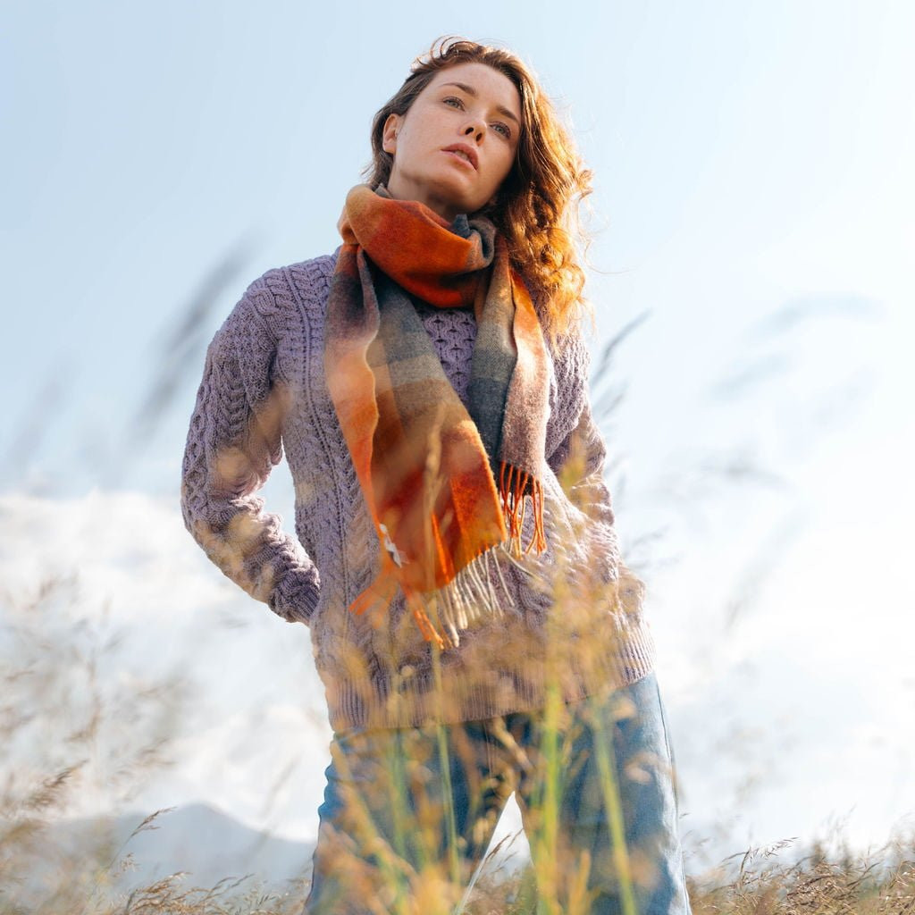 John Hanly Schal Irish Lambswool Orange Grau Beige Check