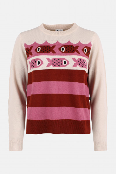 Danefae Strickpullover Danesong Damen Weiß Pink Rot Streifen Fisch