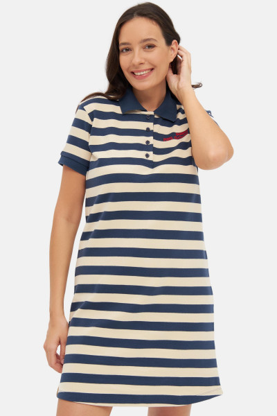 Derbe Feel Good Striped Damen Polo Kleid Navy Dunkelblau Beige Gestreift Derbe Feel Good Striped Damen Polo Kleid Navy Dunkelblau Beige Gestreift