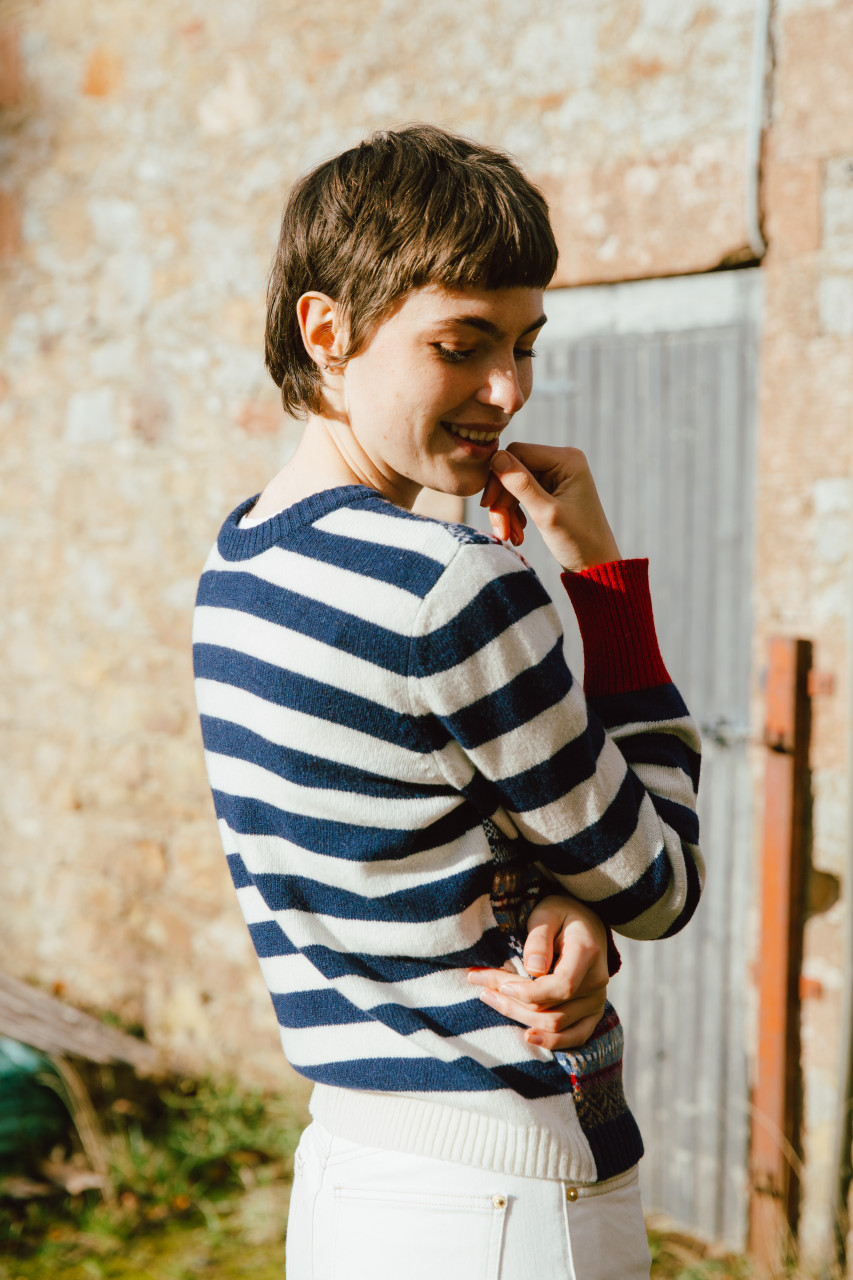 ERIBÉ Pullover Stobo Damen Blau Weiß Rot Fairisle Gestreift Wendepullover
