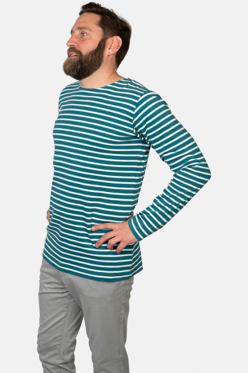 Hanseheld Streifenshirt Herren Petrol-Natur Langarm Blau Grün GOTS Organic