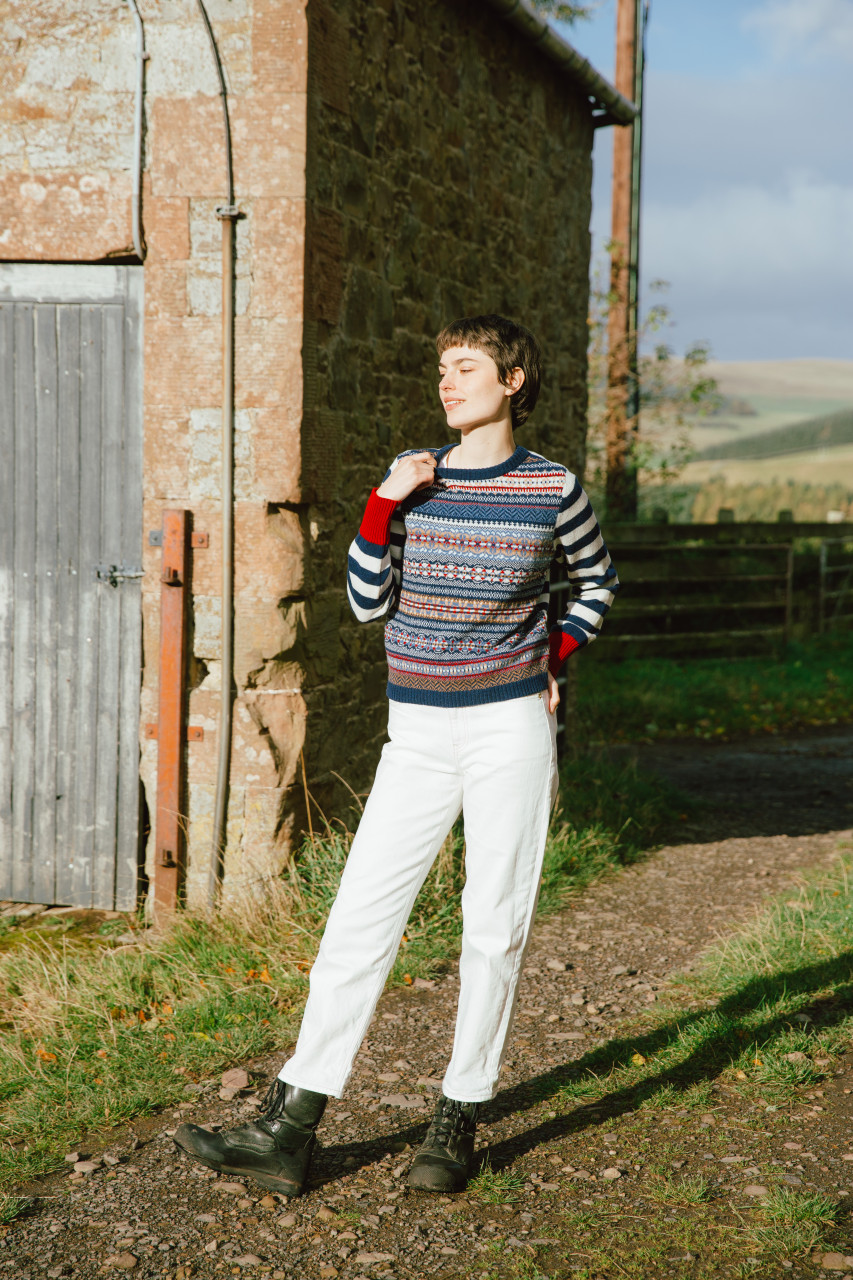 ERIBÉ Pullover Stobo Damen Blau Weiß Rot Fairisle Gestreift Wendepullover