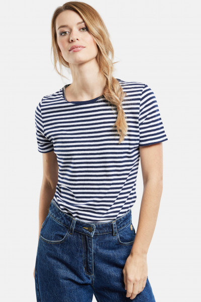 Armor Lux T-Shirt Damen Dunkelblau Weiß Leinen Mix Heritage