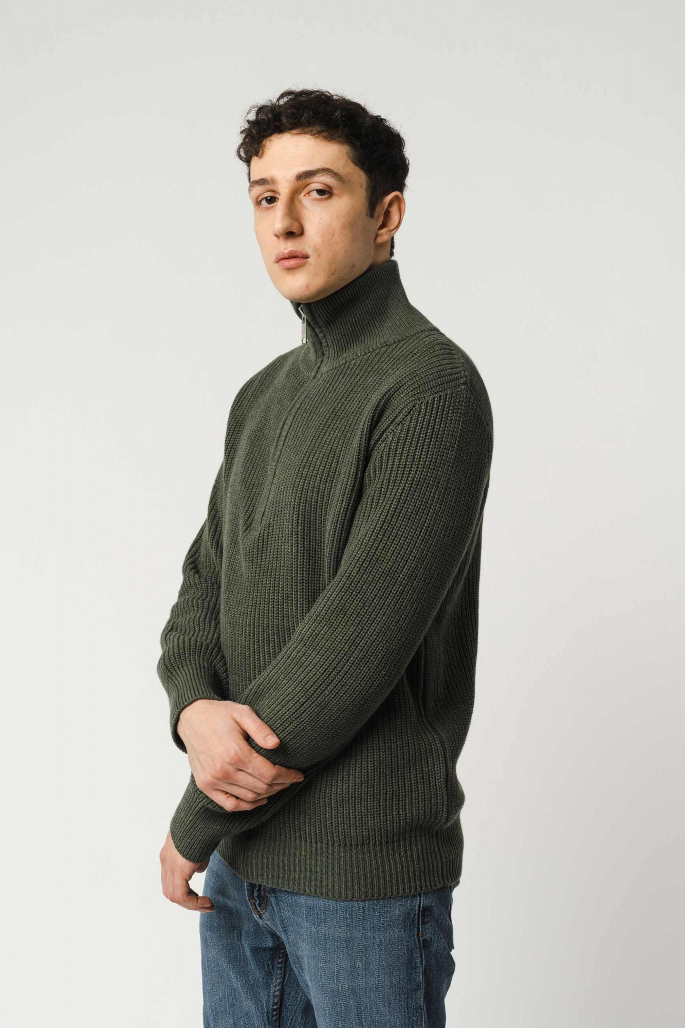 MELA Rippstrick Troyer UDAI Pullover Grün Melange Oliv Meliert Baumwolle