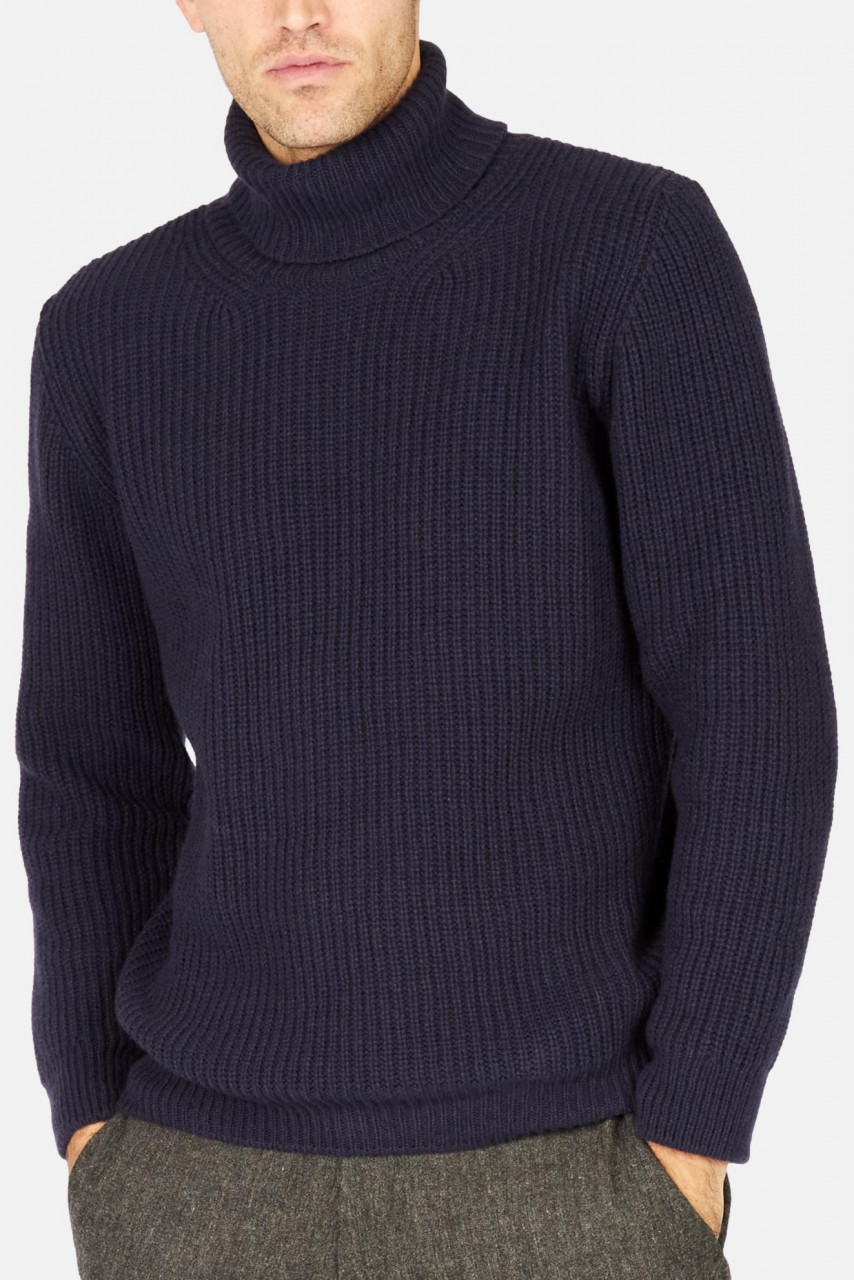 IrelandsEye Pullover Fishermans Rib Herren Blau Rollkragen Navy