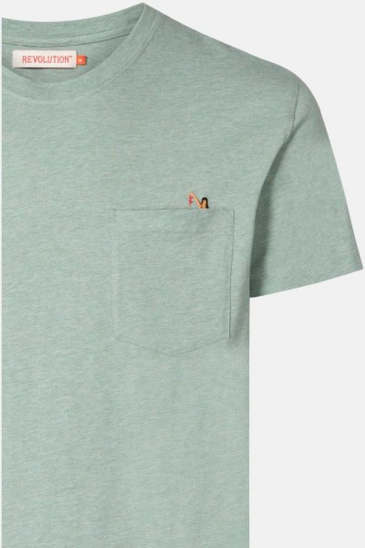 RVLT Revolution Herren Embroidery T-Shirt Green Melange Oben Ohne Grün Brusttasche Stickerei