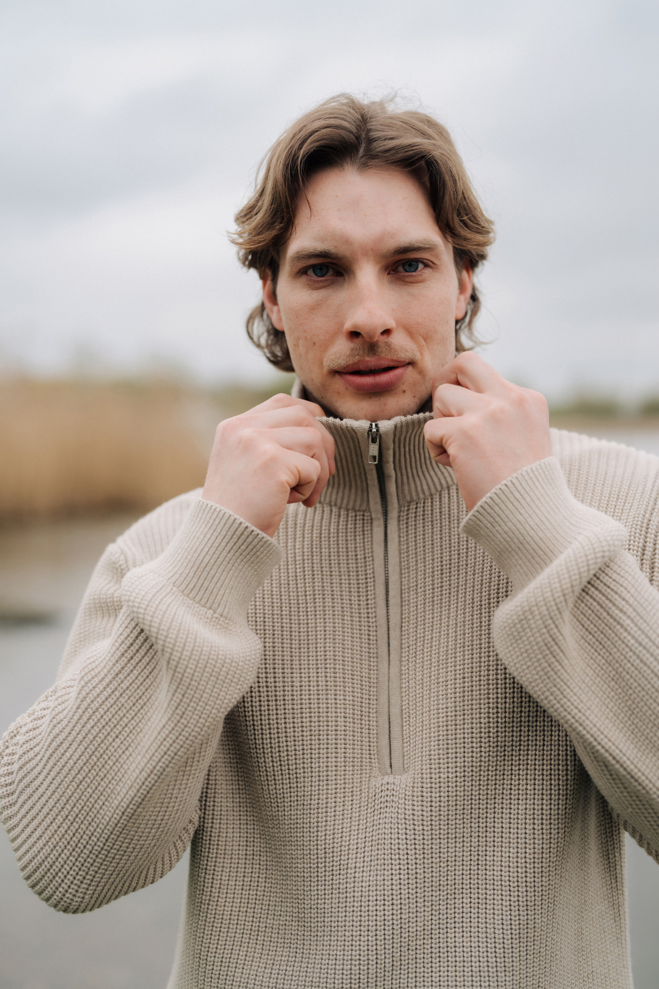 MELA Troyer UDAI Herren Pullover Beige Meliert Baumwolle GOTS Organic