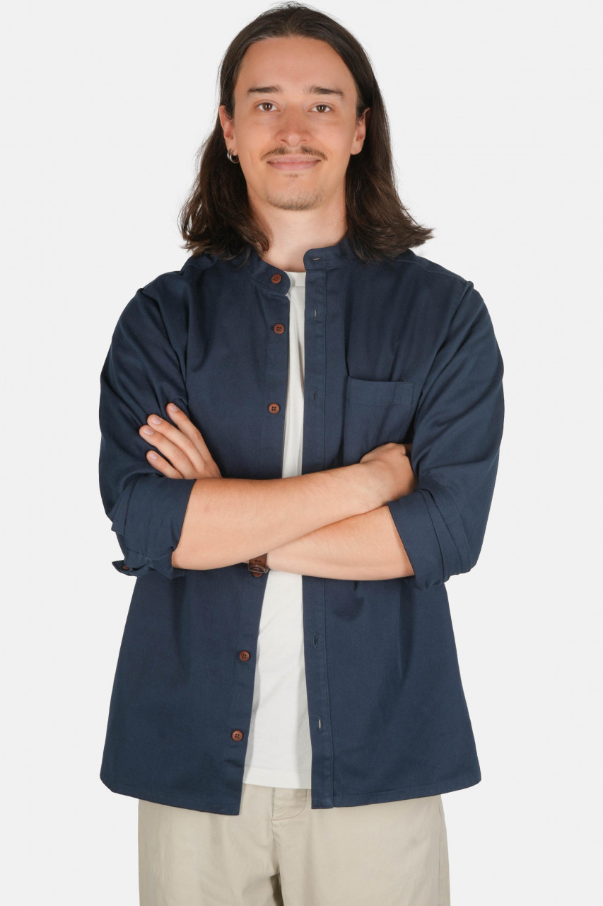 Hanseheld Stehkragen-Hemd Herren Navy-Blau Baumwolle GOTS Organic