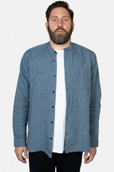 Hanseheld Leinenhemd LeinenLos! Herren Blau Gestreift Fischehemd Stehkragen