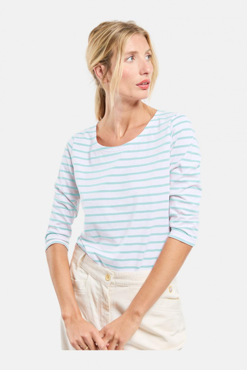 Armor Lux Streifenshirt 3/4-Arm Damen Weiß Türkis Mariniere Gestreift