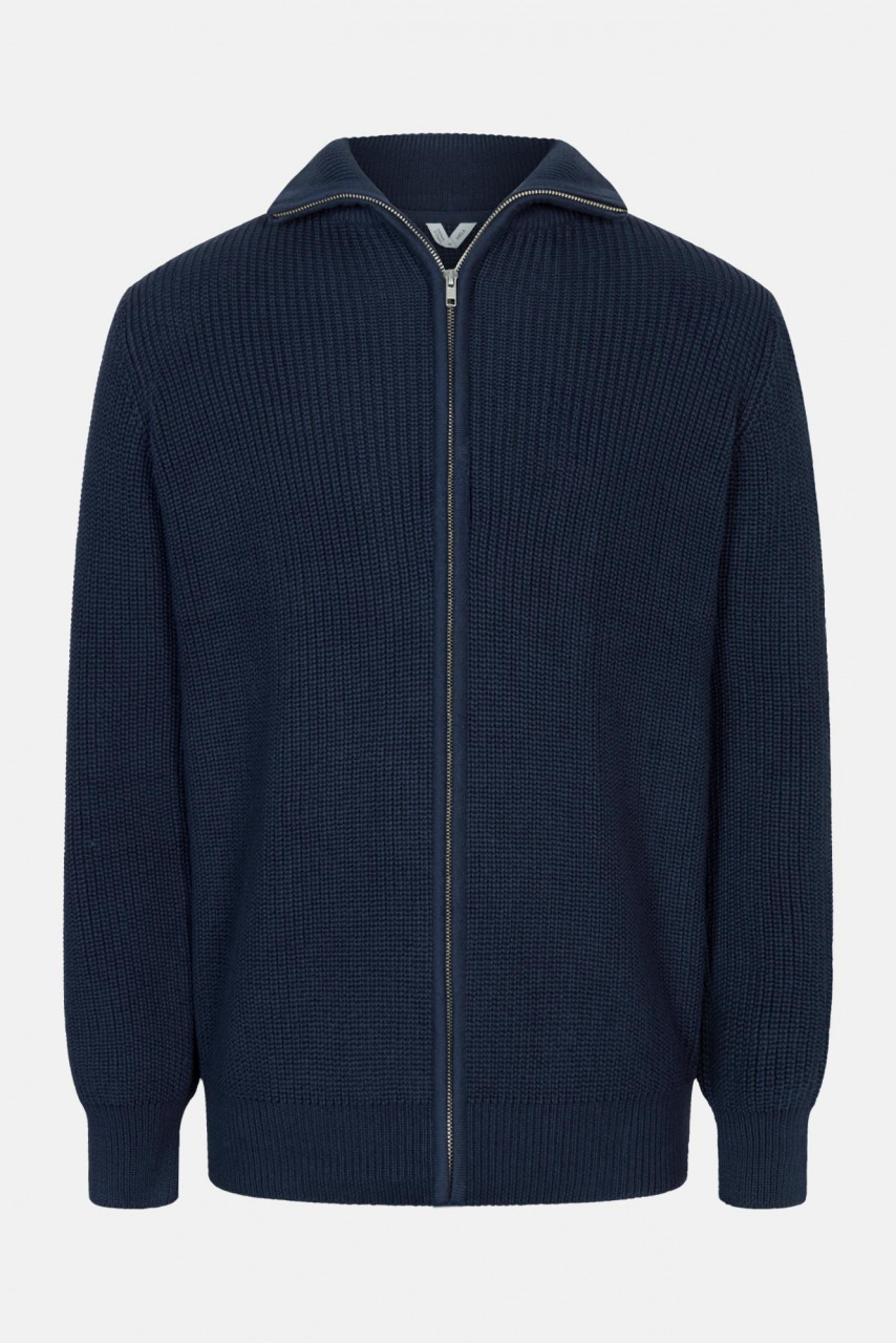 MELA Rippstrick Strickjacke TAKSH Herren Blau Navy Baumwolle Stehkragen Troyer GOTS Organic