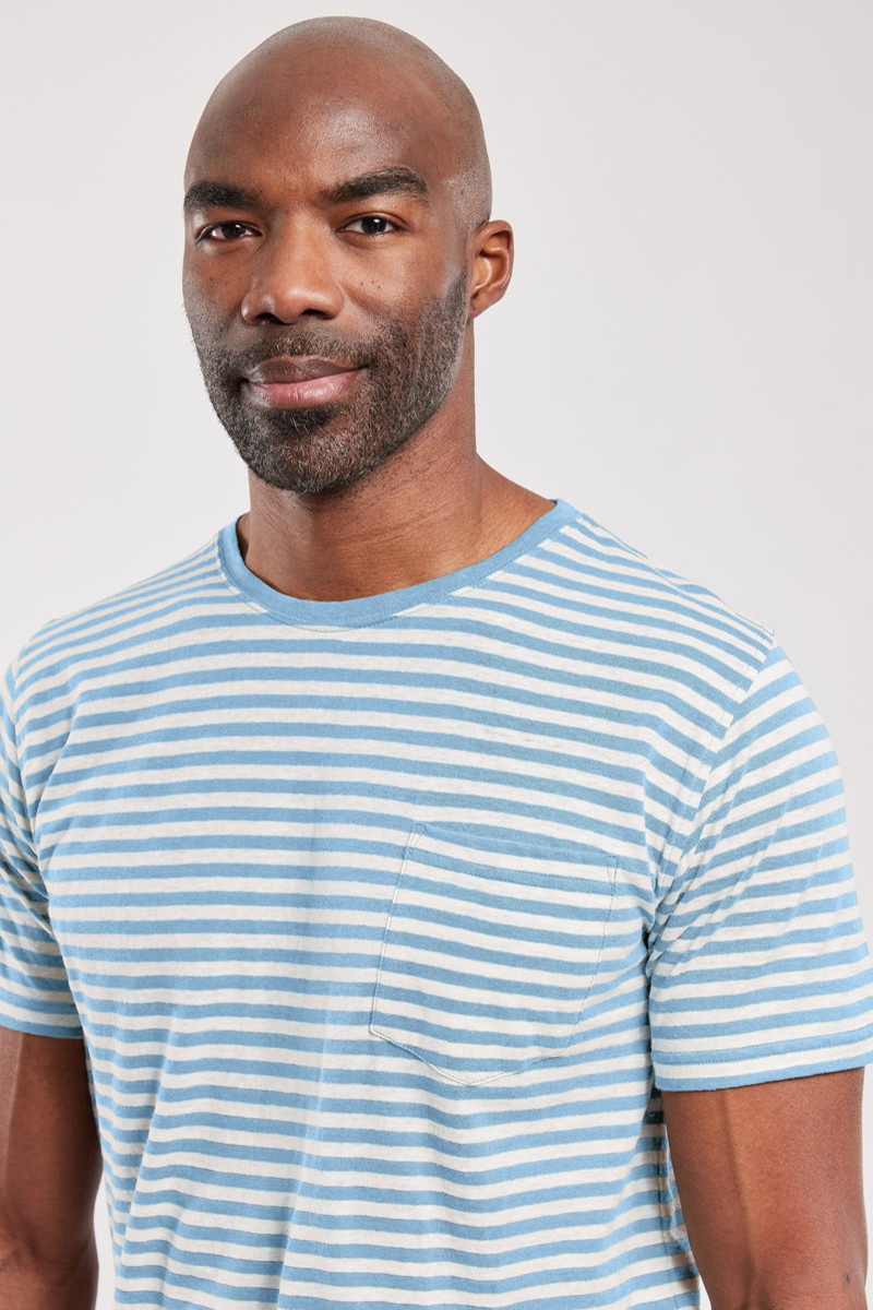 Armor Lux Herren T-Shirt Hellblau Beige Gestreift Brusttasche