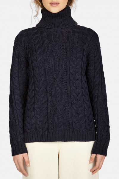 IrelandsEye Aran Pullover Juniper Damen Dunkelblau Navy Rollkragen