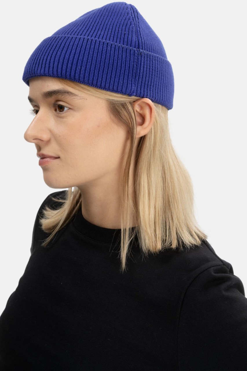 MELA kurze Rippstrick Mütze RAFI Blau Bold Dockermütze GOTS Organic