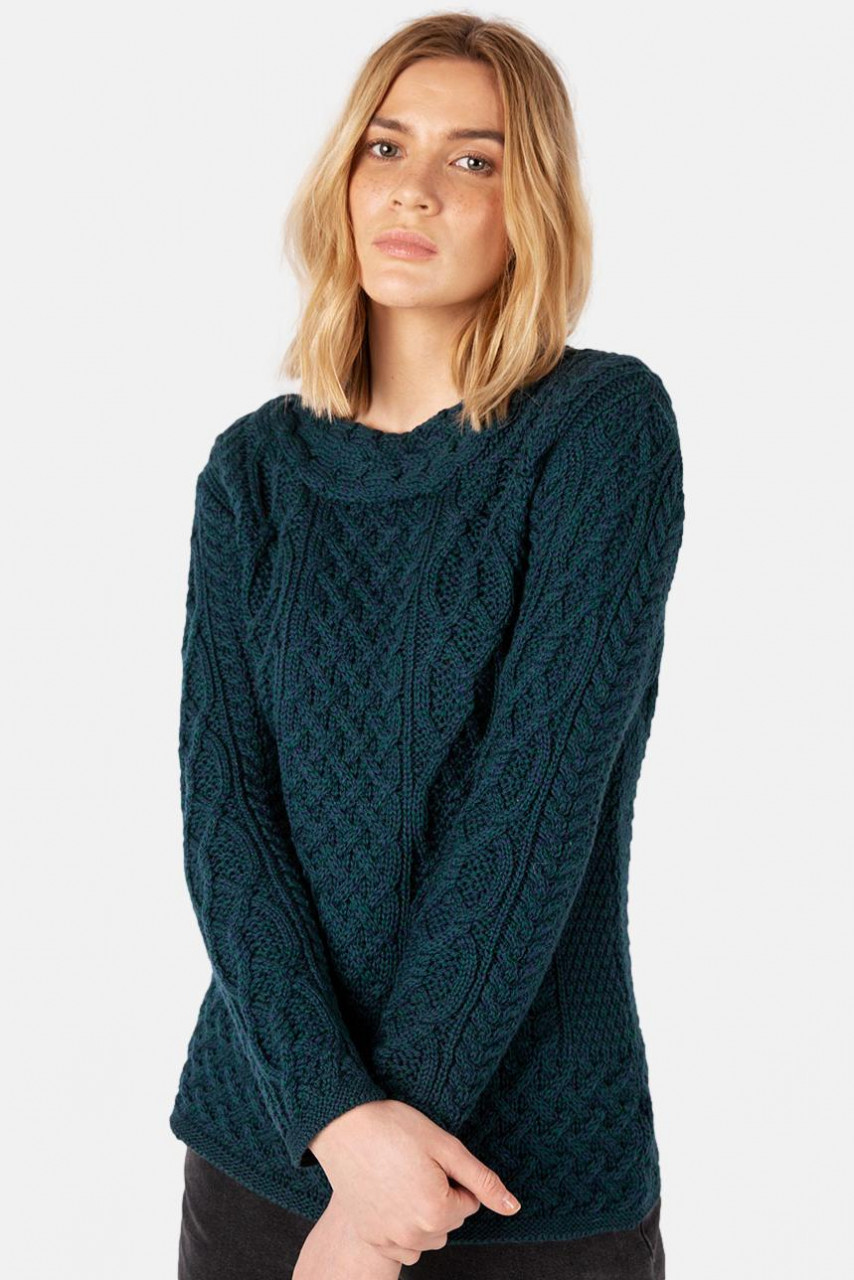 IrelandsEye Aran Spindle Petrol Damen Pullover Blau Atlantic Blue