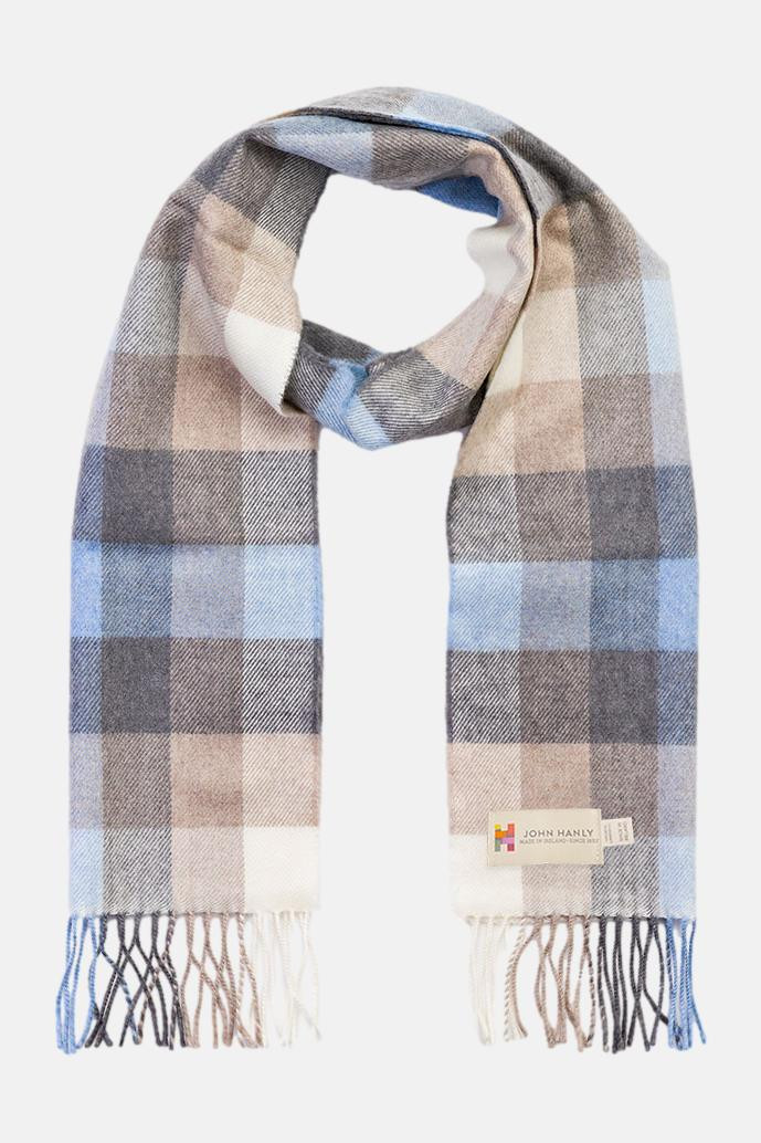 John Hanly Schal Merino Hellblau Beige Braun Karo Check