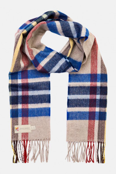 John Hanly Schal Merino Beige Blau Rot Karo