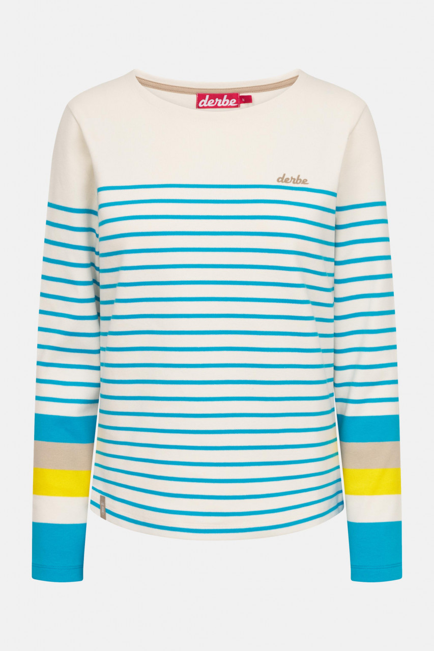 Derbe Streifenshirt Interstriped Block Damen Weiß Türkis Langarmshirt GOTS Organic