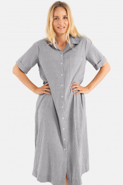 Danefae Damen Kleid Danapril Grau Gestreift Seersucker Fischerhemd Blusenkleid Danefae Damen Kleid Danapril Grau Gestreift Seersucker Fischerhemd Blusenkleid