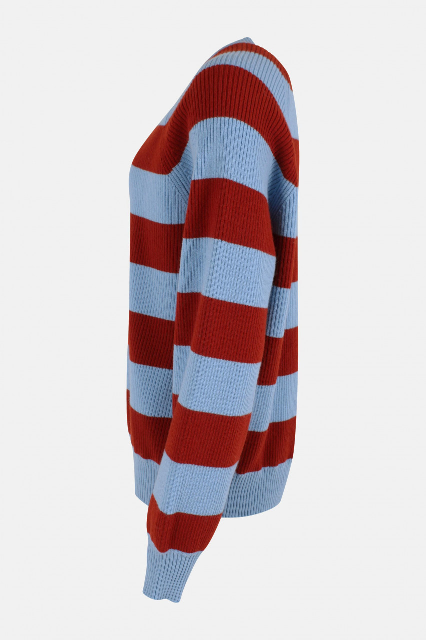 Danefae Strickpullover Danerelation Damen Hellblau Rot Streifen Chunky Rippstrick