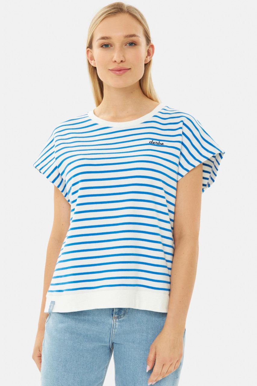 T-Shirt Weiß Blau Gestreift Interstriped von derbe - Model-Bild