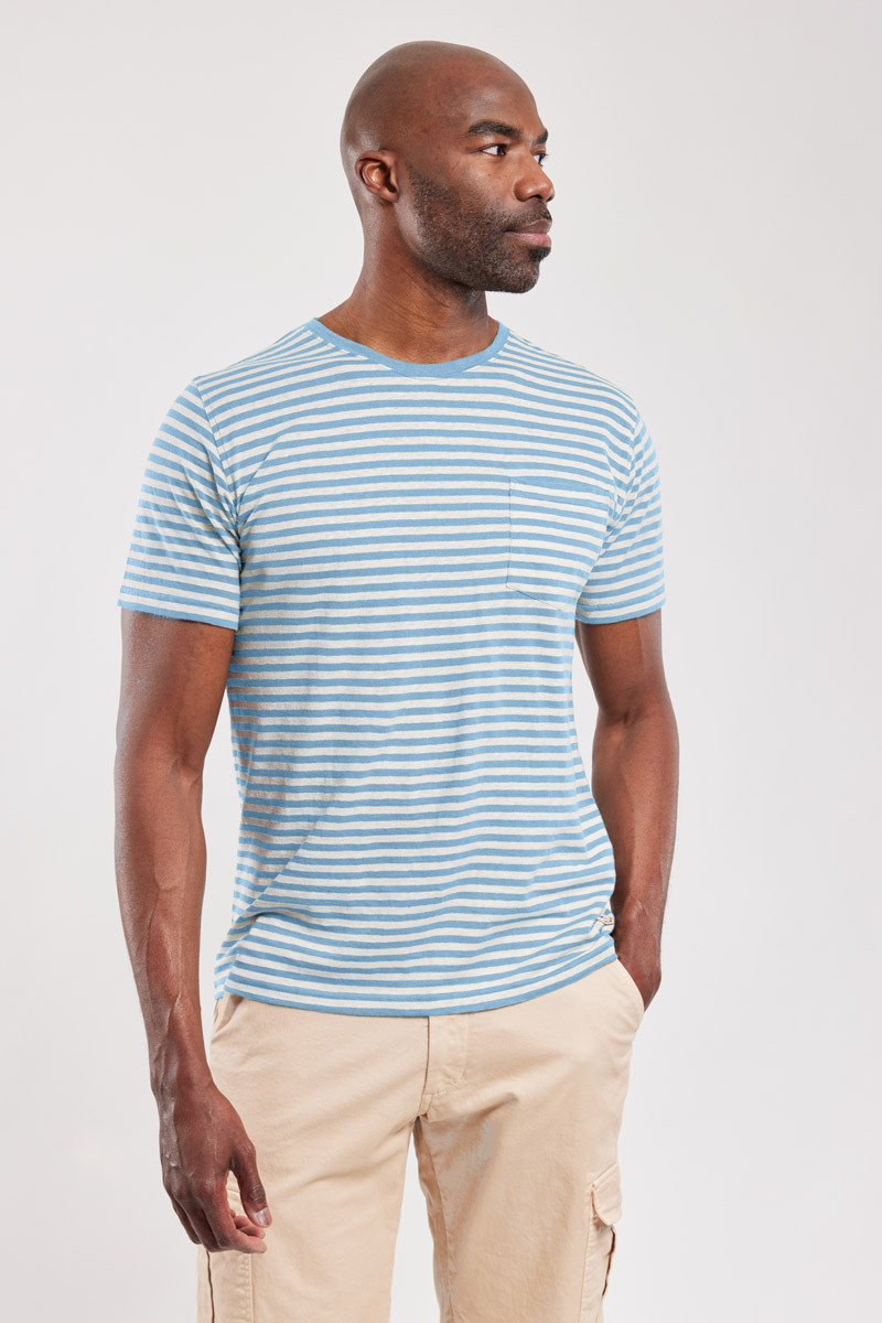Armor Lux Herren T-Shirt Hellblau Beige Gestreift Brusttasche