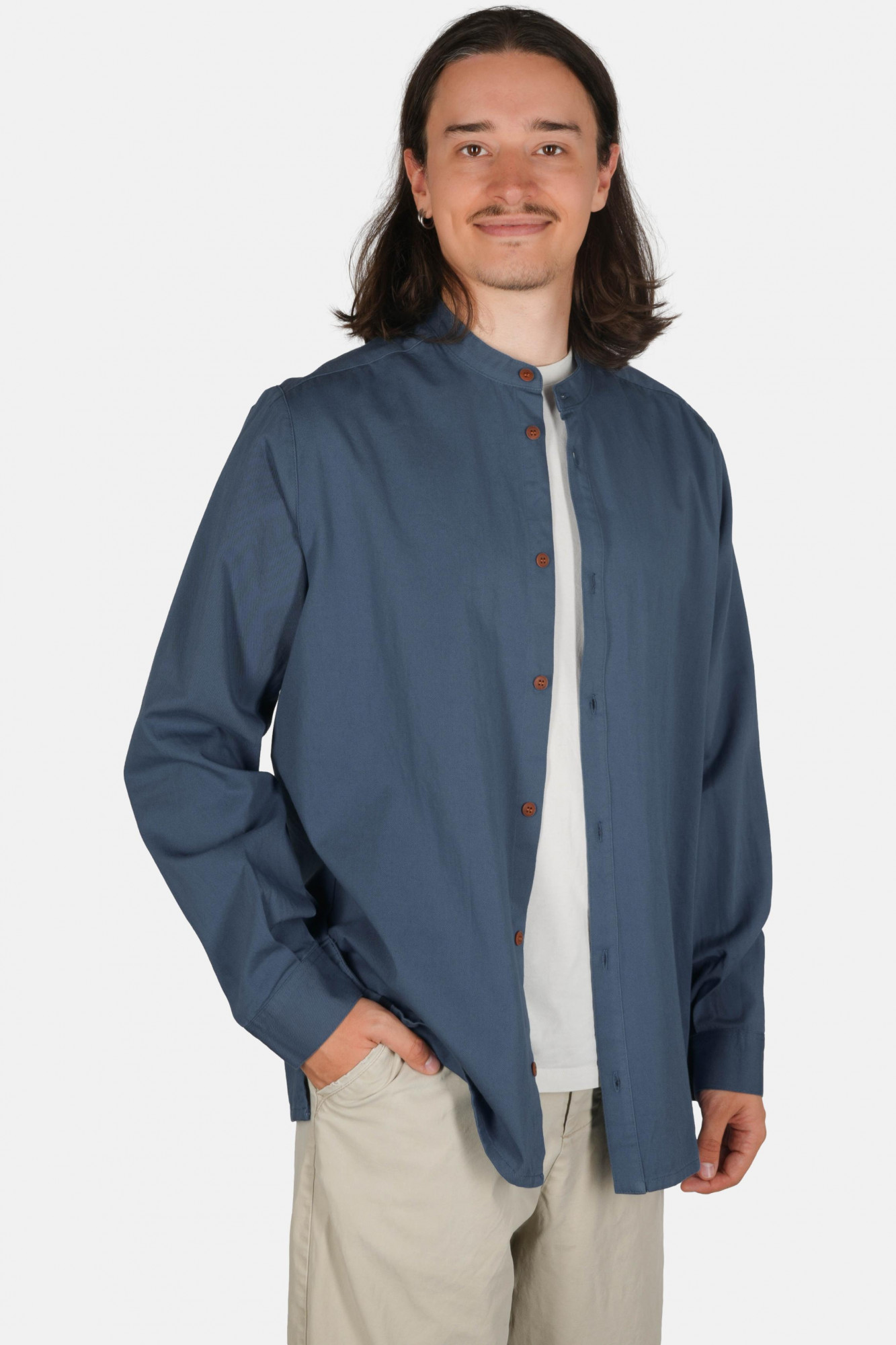 Hanseheld Stehkragen-Hemd Herren Jeans-Blau Baumwolle GOTS Organic