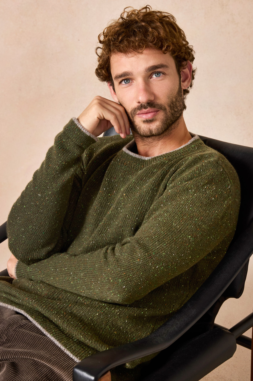 IrelandsEye Grobstrick Pullover Newstone Herren Oliv Grün Grau Donegal Meliert